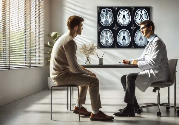 A neurologist consulting with a patient, reviewing MRI or CT scan brain images on a screen.