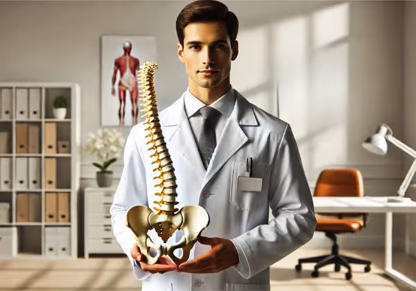 Doctor holding a 3D model of a spine in a medical office.