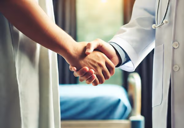 Doctor and patient shake hands in a hospital room.