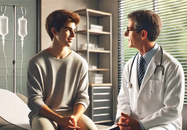 Patient consulting with a doctor in a hospital.