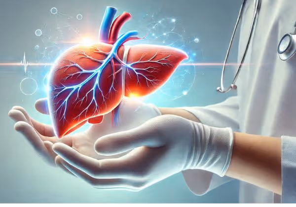 Human liver supported by gloved hands.