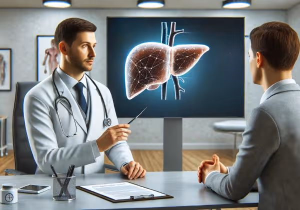 Doctor explaining liver anatomy to a patient using a digital 3D diagram in a clinic.