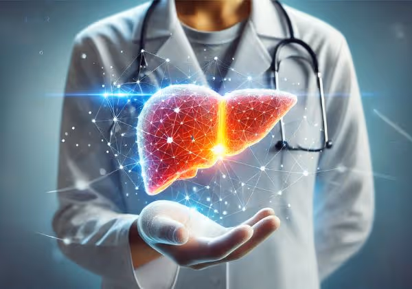 Doctor holding a holographic liver.