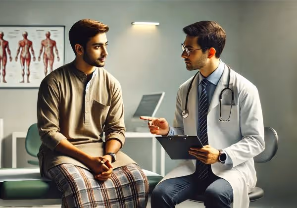 A doctor interacting with a Bangladeshi patient in a modern, professional medical consultation setting.