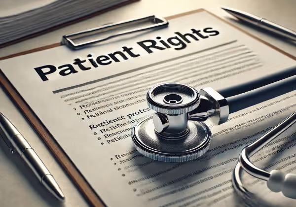 A stethoscope resting on a document labelled "Patient Rights"