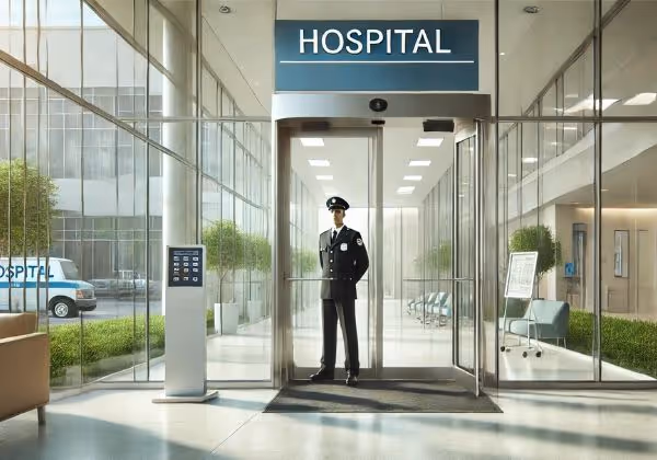 Clean hospital entrance with glass doors and a security guard.