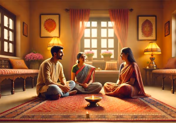 Indian family seated cross-legged, conversing politely.