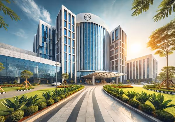A hospital building with lush gardens, and a clear blue sky.