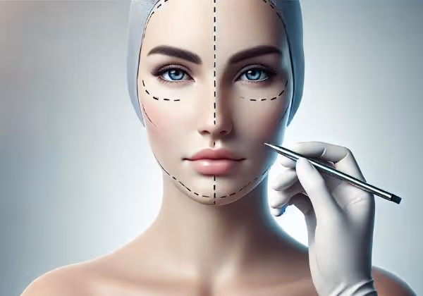  অস্ত্রোপচার লাইন দিয়ে চিহ্নিত মুখের ক্লোজ আপ, গ্লোভযুক্ত হাত একটি কলম ধরে।