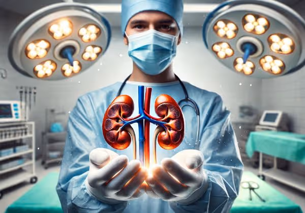  কিডনি মডেল ধারণ করে স্ক্রাব এবং মাস্কের একজন সার্জন।