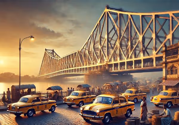 সূর্যাস্তের সময় হাওড়া সেতু হলুদ ট্যাক্সি এবং প্রাণবন্ত কলকাতা রাস্