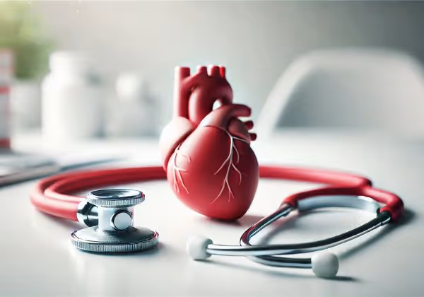 Heart model and stethoscope on the desk