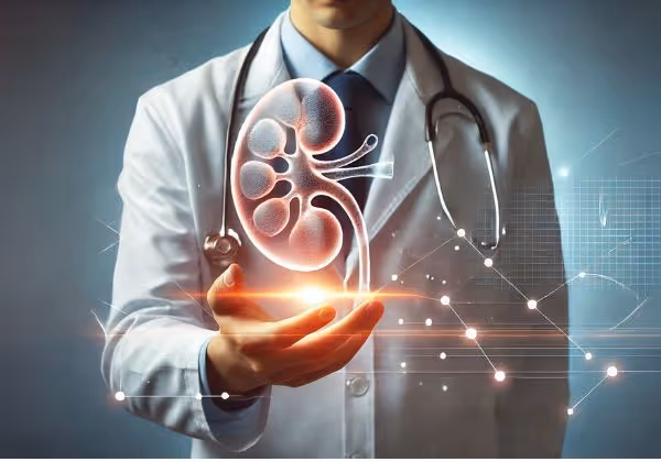 ডাক্তার একটি উজ্জ্বল কিডনি হোলোগ্রাম ধরে রেখেছেন।