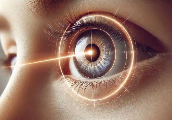 ল্যাসিক অস্ত্রোপচারের জন্য লেজার লাইন সহ চোখ।