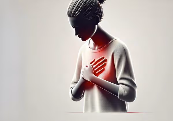 A woman clutching her chest in discomfort.