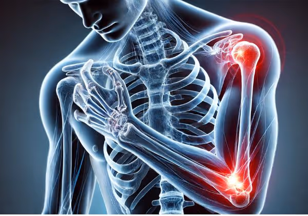 একটি স্বচ্ছ মানবদেহ জ্বলন্ত লাল ব্যথার পয়েন্টগুলির সাথে ফুলে যাওয়া কাঁধ এবং কনুই জয়েন্ট