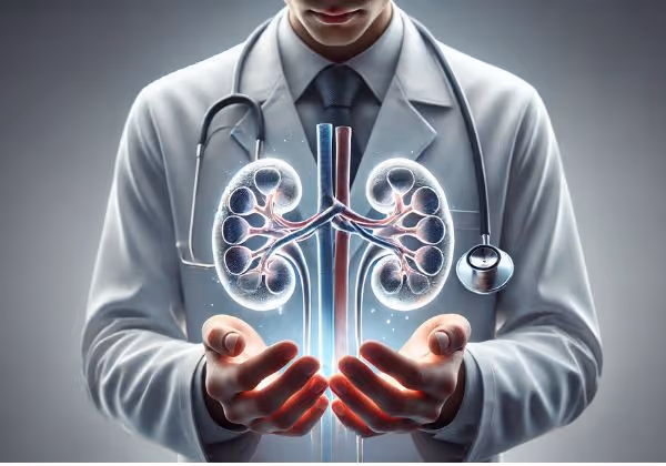 A nephrology expert holding a glowing 3D kidney model in their hands.