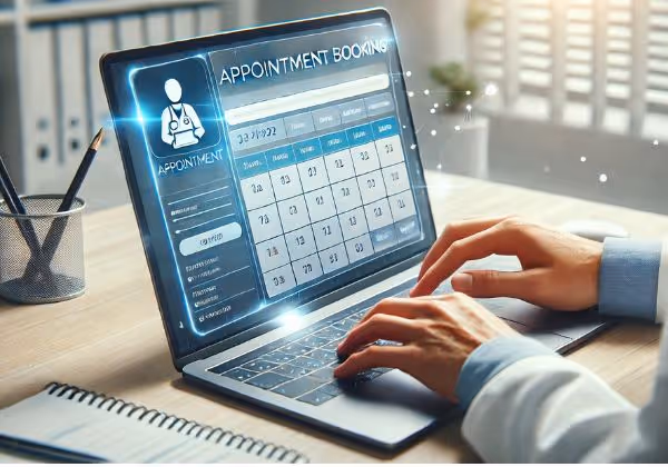 A person using a laptop with an online appointment booking system displayed on the screen.