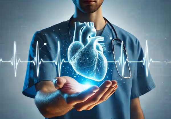 একটি উজ্জ্বল হলোগ্রাফিক হৃদয় ধরে নীল স্ক্রাবের একজন কার্ডিওলজিস্ট।