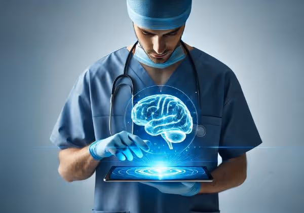  A neurosurgeon interacts with a glowing holographic brain above a tablet.