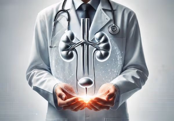 কিডনি সহ মানব মূত্রনালীর একটি বাস্তবসম্মত থ্রিডি হলোগ্রাম ধারণ করে ডাক্তার।