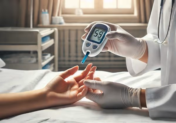  হাসপাতালের বিছানায় গ্লুকোমিটার দিয়ে পরীক্ষা করা হচ্ছে রোগীর হাতের ক্লোজ-আপ।