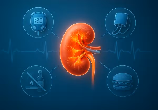 Illustration of a glowing kidney surrounded by icons representing diabetes, hypertension, smoking, and poor diet