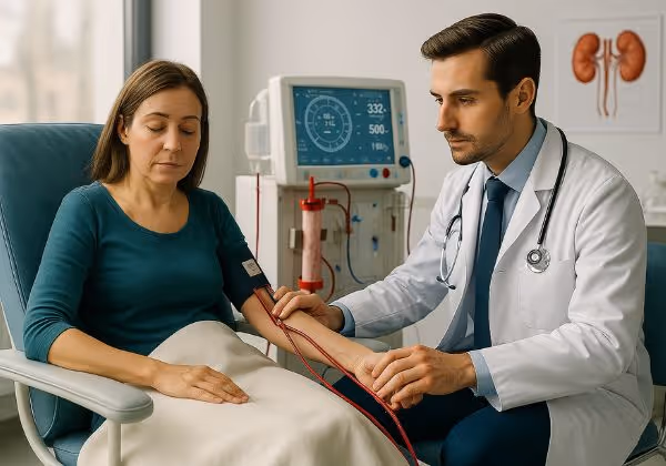 Woman receiving dialysis with doctor monitoring beside her