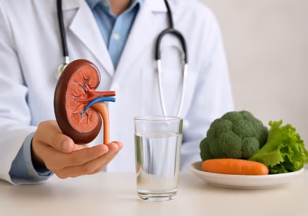  কিডনি স্বাস্থ্য সচেতনতার জন্য অগ্রভাগে শাকসবজি এবং জল সহ একটি কিডনি মডেল রাখেন ডাক্তার