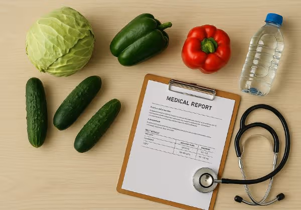 Fresh kidney-friendly vegetables with medical chart and stethoscope on a wooden table
