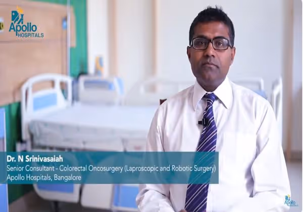 Dr. N Srinivasaiah shares expert advice on hemorrhoids and their symptoms during an awareness video at Apollo Hospitals