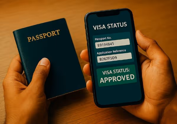 Hands holding passport and smartphone showing approved visa status with passport number and application reference