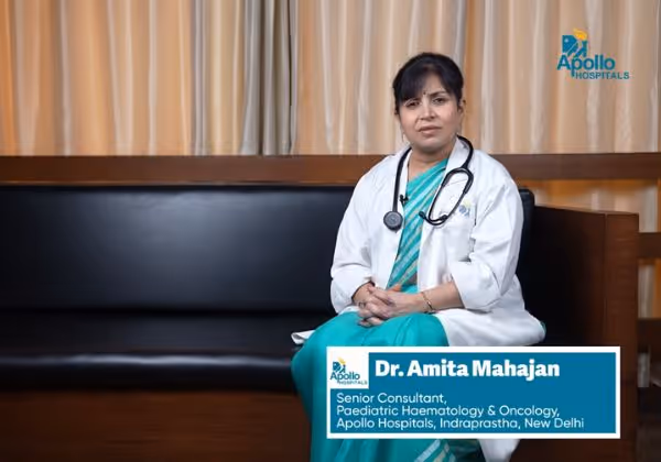 Dr. Amita Mahajan, Senior Consultant at Apollo Hospitals Delhi, seated during an awareness video on blood disorders