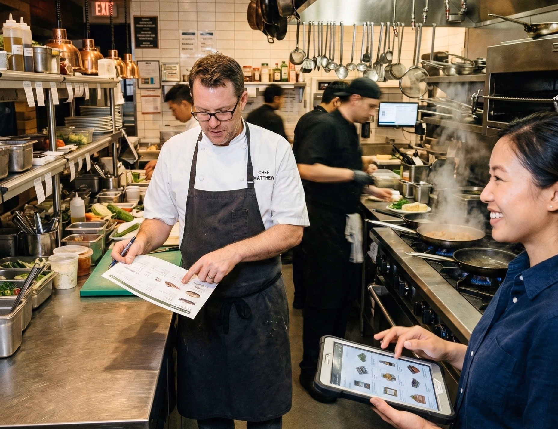 Chef in white coat and apron reviewing a recipe sheet while a woman with a tablet smiles in a busy commercial kitchen.
