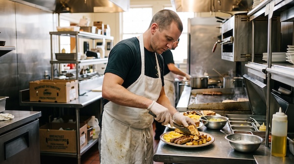 A line cook plating a breakfast dish with sausage, and a case from a distributor in the background.