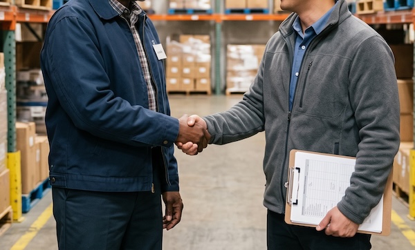 Food distributor and supplier representative shaking hands in a warehouse aisle after agreeing to a buying group program.