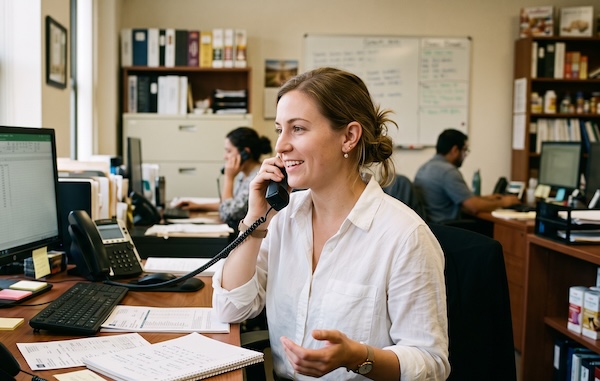 Food distributor sales rep on the phone with a customer at her desk, with a cost spreadsheet open on her computer. General version: Smiling office employee talking on a desk phone in a busy food distribution sales office.