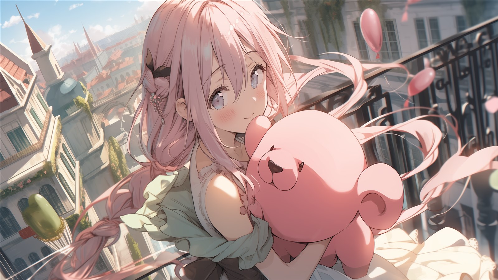ピンクのぬいぐるみを抱く少女