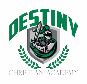 Logo of Destiny Christian Academy featuring a green-armored knight holding a sword in front of a shield, with laurel leaves and the academy name.