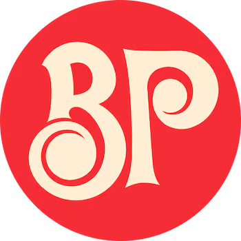 Boston Pizza logo with stylized letters BP in cream on a red circular background.