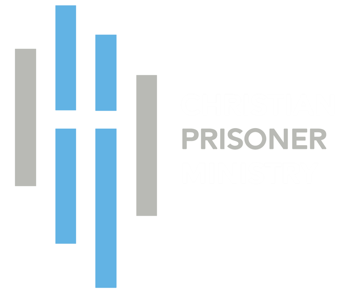 Christian Prisoner Ministry logo with vertical blue and gray bars and white text on black background.