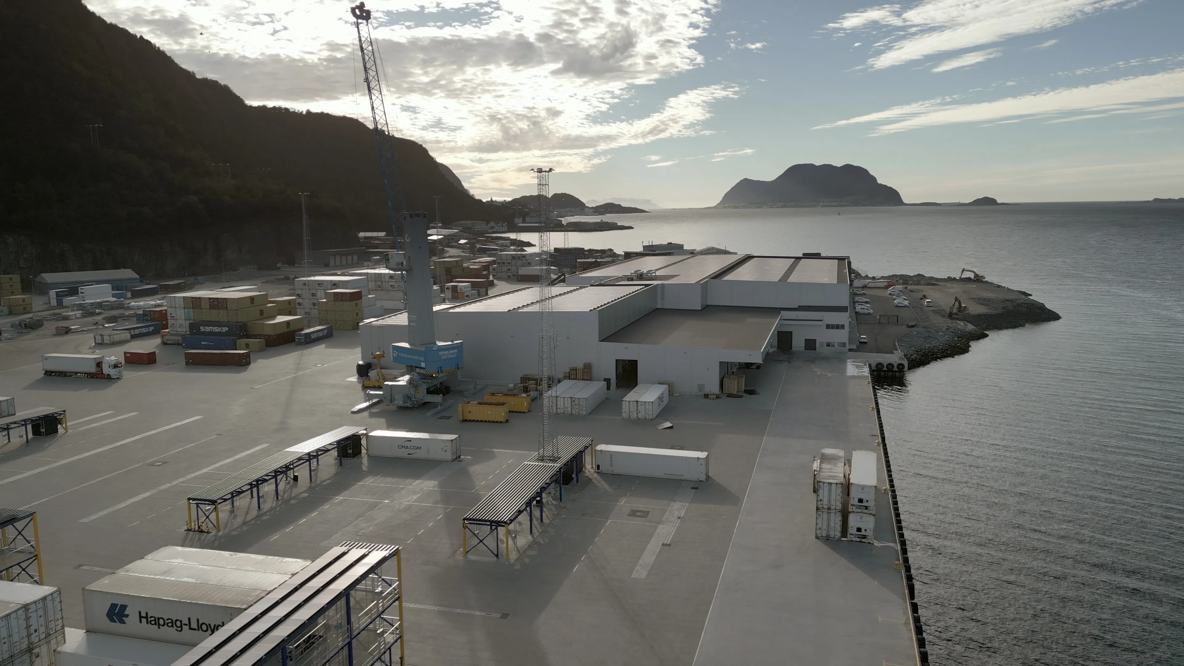 Aerial view of Flatholmen terminal beside the fjord