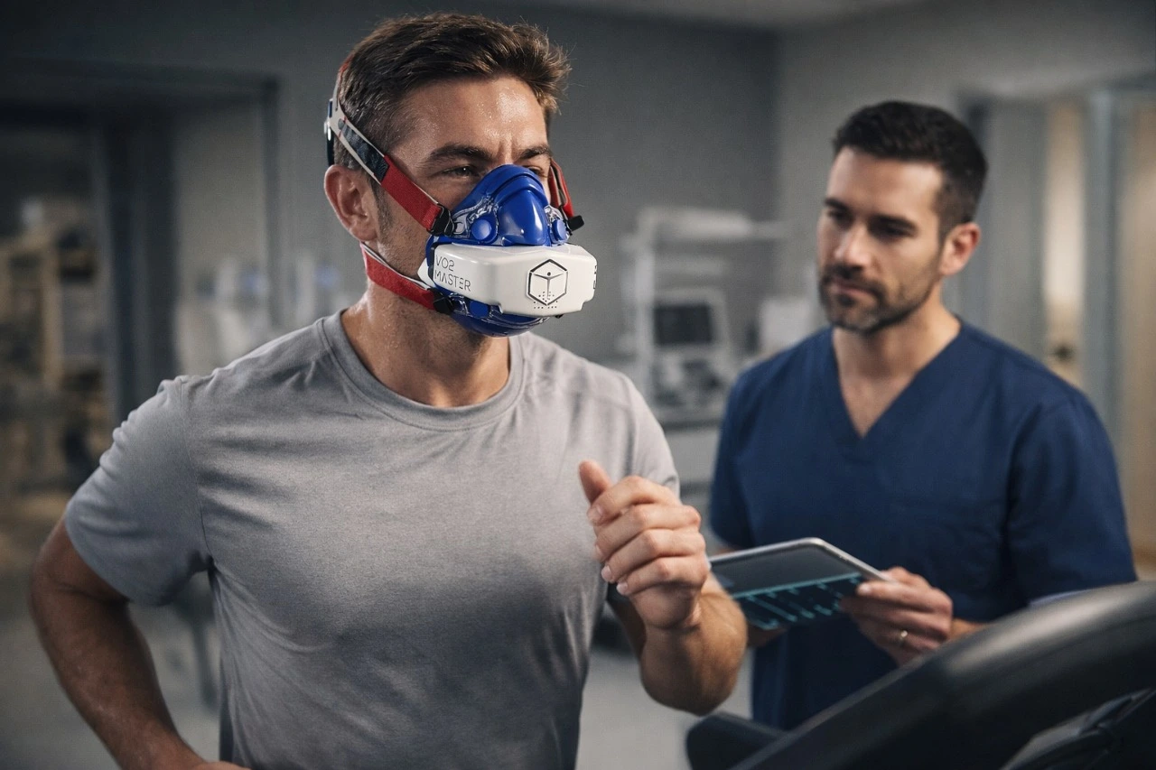 Man wearing VO2 Master mask running on treadmill as a trainer monitors data on a tablet.