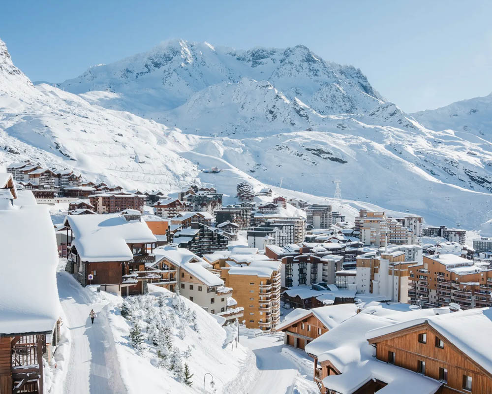 An aerial shot of Val Thorens ski resort and accomodation