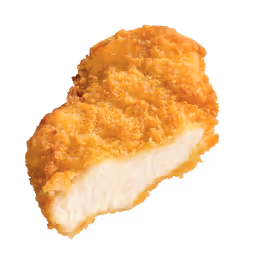 Crispy golden fried chicken tender with a bite taken out showing white meat inside.