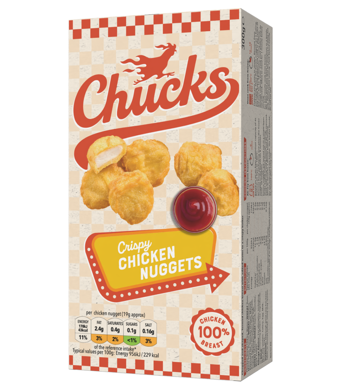 Chucks Crispy Chicken Nuggets packaging showing five nuggets and a bowl of ketchup, with nutrition info and 100% chicken breast label.