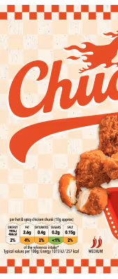 Partial close-up of crispy fried chicken pieces on a checkered background with red text and nutritional information.