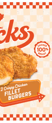 Close-up of two crispy fried chicken fillet burgers on a checkered background with text highlighting 100% chicken breast fillets.