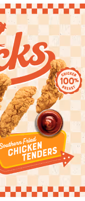 Advertisement for southern fried chicken tenders with three pieces of fried chicken and a small cup of ketchup on a red and white checkered background.