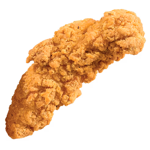 Single piece of crispy golden brown fried chicken tender on a white background.